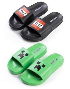 Minecraft Creeper & TNT Sliders in Green and Black | Boys' Casual Footwear | 2 Pack Sliders Featuring Creeper Face and TNT