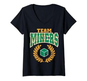 Women's Minecraft Team Miners Creeper Block Retro Varsity Badge V-Neck T-Shirt
