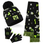 Minecraft Winter Set for Boys, Teens, 3 Piece Hat Scarf Gloves or 2 Piece Gloves & Hat, Winter Accessories, Gifts for Boys (6-14 Years, Black/Green Minecraft, 3 Pcs)