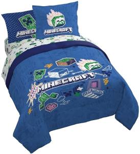 Jay Franco Kids Comforter Set Includes Sheets and Pillow Covers - Soft and Cozy Bed Set for Stylish Room Decor, Blue - Minecraft 02, 7 Piece Queen Bedding