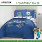 Jay Franco Kids Comforter Set Includes Sheets and Pillow Covers - Soft and Cozy Bed Set for Stylish Room Decor, Blue - Minecraft 02, 7 Piece Queen Bedding