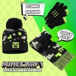 Minecraft Winter Set for Boys, Teens, 3 Piece Hat Scarf Gloves or 2 Piece Gloves & Hat, Winter Accessories, Gifts for Boys (6-14 Years, Black/Green Minecraft, 3 Pcs)