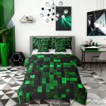 Manfei Pixelated Miners Game Full Size Comforter Set,Geometric Check Video Games Bedding,Gamepad Camo Grid Decor for Kids All Season,Black Green（Fitted+Sheet+2 Pillowcases+2 Throw Pillow Covers）