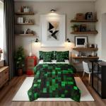 Manfei Pixelated Miners Game Full Size Comforter Set,Geometric Check Video Games Bedding,Gamepad Camo Grid Decor for Kids All Season,Black Green（Fitted+Sheet+2 Pillowcases+2 Throw Pillow Covers）