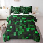 Manfei Pixelated Miners Game Full Size Comforter Set,Geometric Check Video Games Bedding,Gamepad Camo Grid Decor for Kids All Season,Black Green（Fitted+Sheet+2 Pillowcases+2 Throw Pillow Covers）