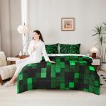 Manfei Pixelated Miners Game Full Size Comforter Set,Geometric Check Video Games Bedding,Gamepad Camo Grid Decor for Kids All Season,Black Green（Fitted+Sheet+2 Pillowcases+2 Throw Pillow Covers）