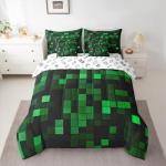 Manfei Pixelated Miners Game Full Size Comforter Set,Geometric Check Video Games Bedding,Gamepad Camo Grid Decor for Kids All Season,Black Green（Fitted+Sheet+2 Pillowcases+2 Throw Pillow Covers）