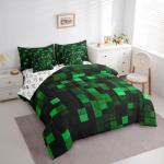 Manfei Pixelated Miners Game Full Size Comforter Set,Geometric Check Video Games Bedding,Gamepad Camo Grid Decor for Kids All Season,Black Green（Fitted+Sheet+2 Pillowcases+2 Throw Pillow Covers）
