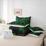 Manfei Pixelated Miners Game Full Size Comforter Set,Geometric Check Video Games Bedding,Gamepad Camo Grid Decor for Kids All Season,Black Green（Fitted+Sheet+2 Pillowcases+2 Throw Pillow Covers）