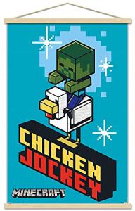 Trends International Minecraft - Chicken Jockey Wall Poster with Magnetic Frame, 34L x 22.4W, Print and Beechwood Hanger Bundle