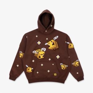 Minecraft Bee Graphic Pullover Hoodie Brown Yellow Long Sleeve S-2XL