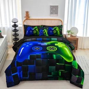 PERFEMET 6-Piece Game Twin Comforter Set for Kids Blue and Green Boys Gaming Bed in a Bag with Sheets Soft 3D Cool Fluffy Video Game Console Bedding Set for Girls Teen(Blue Green, Twin)