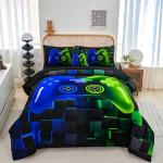 PERFEMET 6-Piece Game Twin Comforter Set for Kids Blue and Green Boys Gaming Bed in a Bag with Sheets Soft 3D Cool Fluffy Video Game Console Bedding Set for Girls Teen(Blue Green, Twin)