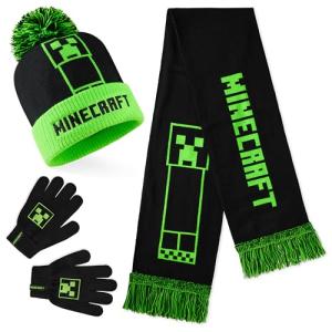 Minecraft Winter Set for Boys, Teens, 3 Piece Hat Scarf Gloves or 2 Piece Gloves & Hat, Winter Accessories, Gifts for Boys (6-14 Years, Green/Black Creeper, 3 Pcs)