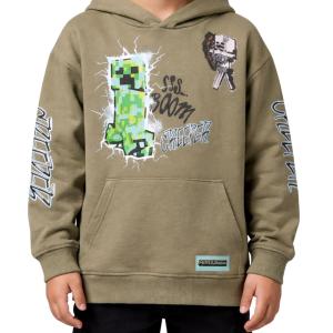 Minecraft Boys Pullover Hoodie, Creeper Graphic Fleece Sweatshirt, Olive