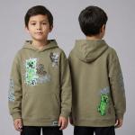 Minecraft Boys Pullover Hoodie, Creeper Graphic Fleece Sweatshirt, Olive