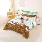 Manfei Pixelated Comforter Set 7 Pcs,Geometric Patchwork Grid Kids Bed Set,Games Miners Comforter,Brown Green Bedding Twin with Comforter,Fitted Sheet,Flat Sheet,Pillowcases,Pillow Covers