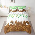 Manfei Pixelated Comforter Set 7 Pcs,Geometric Patchwork Grid Kids Bed Set,Games Miners Comforter,Brown Green Bedding Twin with Comforter,Fitted Sheet,Flat Sheet,Pillowcases,Pillow Covers