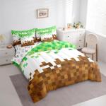 Manfei Pixelated Comforter Set 7 Pcs,Geometric Patchwork Grid Kids Bed Set,Games Miners Comforter,Brown Green Bedding Twin with Comforter,Fitted Sheet,Flat Sheet,Pillowcases,Pillow Covers