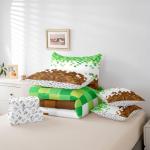 Manfei Pixelated Comforter Set 7 Pcs,Geometric Patchwork Grid Kids Bed Set,Games Miners Comforter,Brown Green Bedding Twin with Comforter,Fitted Sheet,Flat Sheet,Pillowcases,Pillow Covers