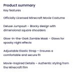 Minecraft Movie Zombie Costume Kids Sz M 7-8 Glow In The Dark Mask Costume NWOT