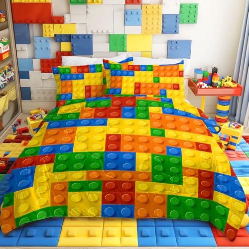 BlessLiving 3 Piece Funny Toy Comforter Set with Pillow Shams Colorful Building Blocks Bedding Set with 3D Printed Designs Reversible Comforter Full/Queen Size Bedding Sets