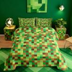 Manfei Pixelated Grid Kids Comforter Set Twin Size,Geometric Camo Blocks Bedding Set for Teens Adults Bedroom Decor,Miners Gamepad Games Duvet Insert,Green Brown Quilted Duvet Set with 1 Pillowcase