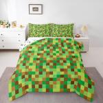 Manfei Pixelated Grid Kids Comforter Set Twin Size,Geometric Camo Blocks Bedding Set for Teens Adults Bedroom Decor,Miners Gamepad Games Duvet Insert,Green Brown Quilted Duvet Set with 1 Pillowcase