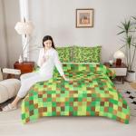 Manfei Pixelated Grid Kids Comforter Set Twin Size,Geometric Camo Blocks Bedding Set for Teens Adults Bedroom Decor,Miners Gamepad Games Duvet Insert,Green Brown Quilted Duvet Set with 1 Pillowcase