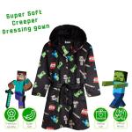 Minecraft Bath Robe for Boys, Teens Hooded Fleece Robe Cozy Loungewear Soft Nightwear Creeper Gamer Gifts for Kids (11-12 Years, Black)