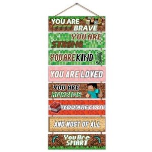 8PCS Large Pixel Mine Wall Art Decor, Pixel Miner Theme Decor for Boys, You Are Kind Brave Loved Inspirational Quotes Sign, Pixel Miner Video Gaming Centerpieces for Home Bedroom Wall Decor
