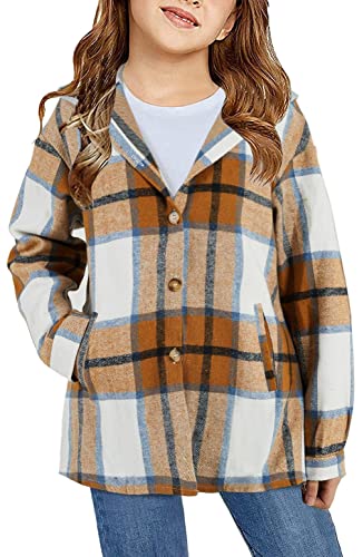 Girls Flannel Plaid Hooded Button Down Jacket