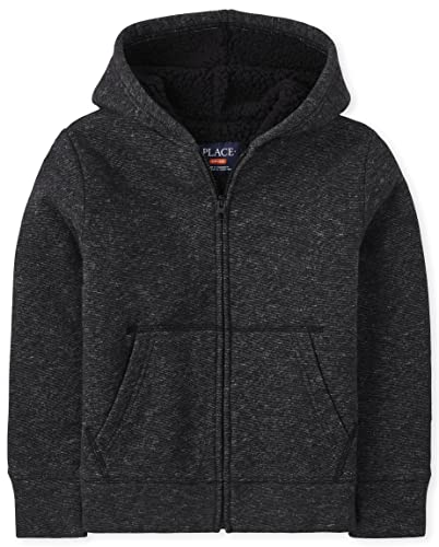 Boys' Heathered Black Sherpa Zip-Front Hoodie