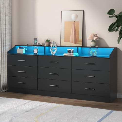 Modern Black 9-Drawer Dresser with LED Light