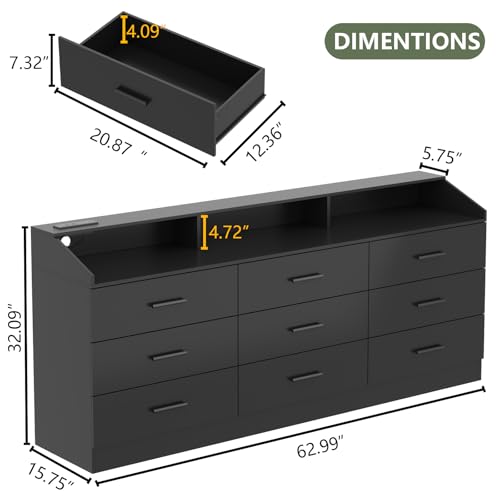 Modern Black 9-Drawer Dresser with LED Light
