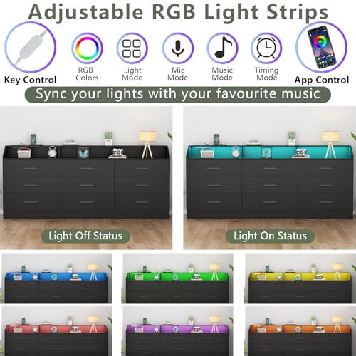 Modern Black 9-Drawer Dresser with LED Light