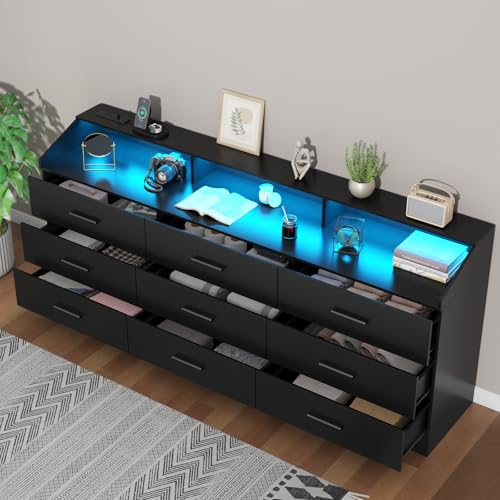 Modern Black 9-Drawer Dresser with LED Light