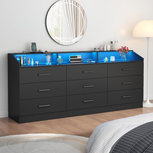 Modern Black 9-Drawer Dresser with LED Light
