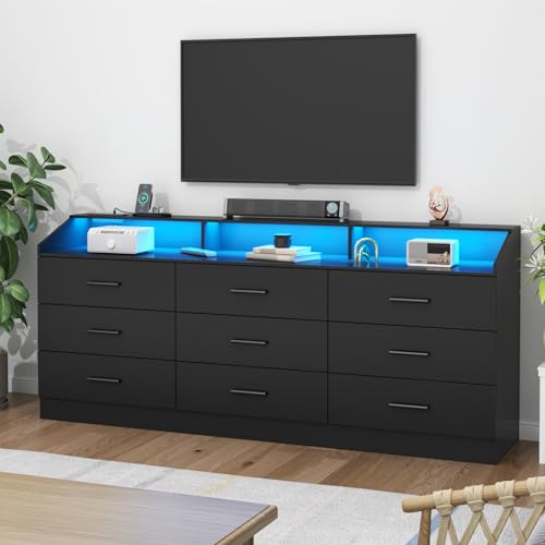 Modern Black 9-Drawer Dresser with LED Light