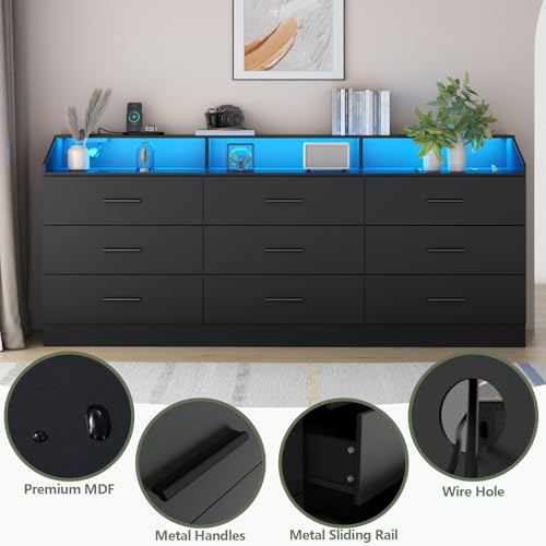 Modern Black 9-Drawer Dresser with LED Light
