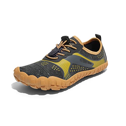 NORTIV 8 Unisex-Child Quick Dry Lightweight Barefoot Outdoor Athletic Water Sports Shoes, Dark Grey/Yellow - 4 Big Kid (Aqua-k1)
