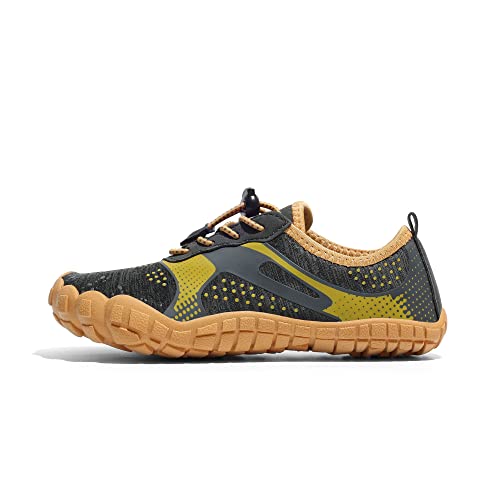 NORTIV 8 Unisex-Child Quick Dry Lightweight Barefoot Outdoor Athletic Water Sports Shoes, Dark Grey/Yellow - 4 Big Kid (Aqua-k1)