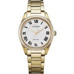 Citizen Women's Eco-Drive Dress Classic Arezzo Diamond Watch in Gold tone Stainless Steel, White Dial (Model: EM0882-59A)
