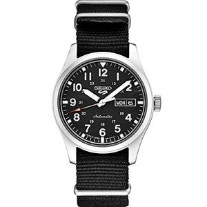 SEIKO SRPG37 Watch for Men - 5 Sports - Automatic with Manual Winding Movement, Black Dial, Stainless Steel Case, Black Nylon Strap, 100m Water Resistant, and Day/Date Display