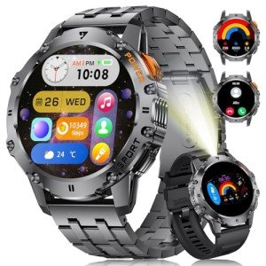 ESFOE Military Smart Watch for Men with Flashlight/5ATM Waterproof,1.43'' AMOLED Tactical Smartwatch with 500mAh Battery,110+ Sport Modes Fitness Tracker Smart Watch for Android iOS (Answer/Make Call)