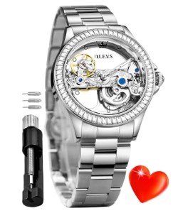 OLEVS Womens Automatic Watch Self Winding Skeleton Sterling Silver Diamond Ladies Luxury Dress Wrist Watch for Women