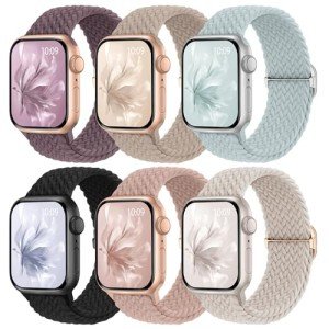 6 Pack Braided Stretchy Bands Compatible with Apple Watch Band 38mm 40mm 41mm 42mm 44mm 45mm 46mm 49mm Women Men, Adjustable Nylon Solo Loop Elastic Straps for iWatch Series 10 9 8 7 6 5 4 3 SE Ultra