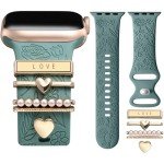 DaQin Flower Engraved Band Compatible with Apple Watch Bands for Women 40mm 38mm 41mm 42mm, Soft Silicone Band With Decorative Apple Watch Charms for iWatch Series 10 9 8 7 6 5 4 3 2 1 SE (With Band)