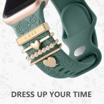 DaQin Flower Engraved Band Compatible with Apple Watch Bands for Women 40mm 38mm 41mm 42mm, Soft Silicone Band With Decorative Apple Watch Charms for iWatch Series 10 9 8 7 6 5 4 3 2 1 SE (With Band)