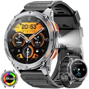 Military Smart Watch for Men with GPS, 1.43" AMOLED Bluetooth Call Smartwatch with LED Flashlight, Rugged Smart Watches for Android iOS, IP68 Waterproof Fitness Tracker with Heart Rate (Black)